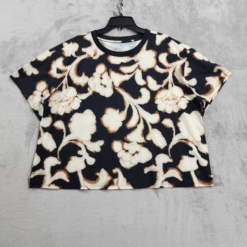 T By TALBOTS Top Womens 2X Black Blurred Floral Crew Neck Short Sleeve Boxy Tee
